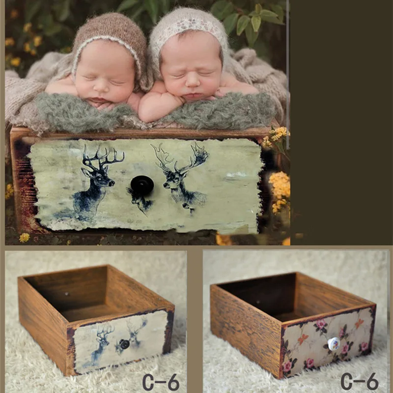 Newborn Photography Prop Photo Props Baby Studio Accessori  Vintage Wooden Drawer Frame  Furnitu Two Sides Print Newborn Shoot