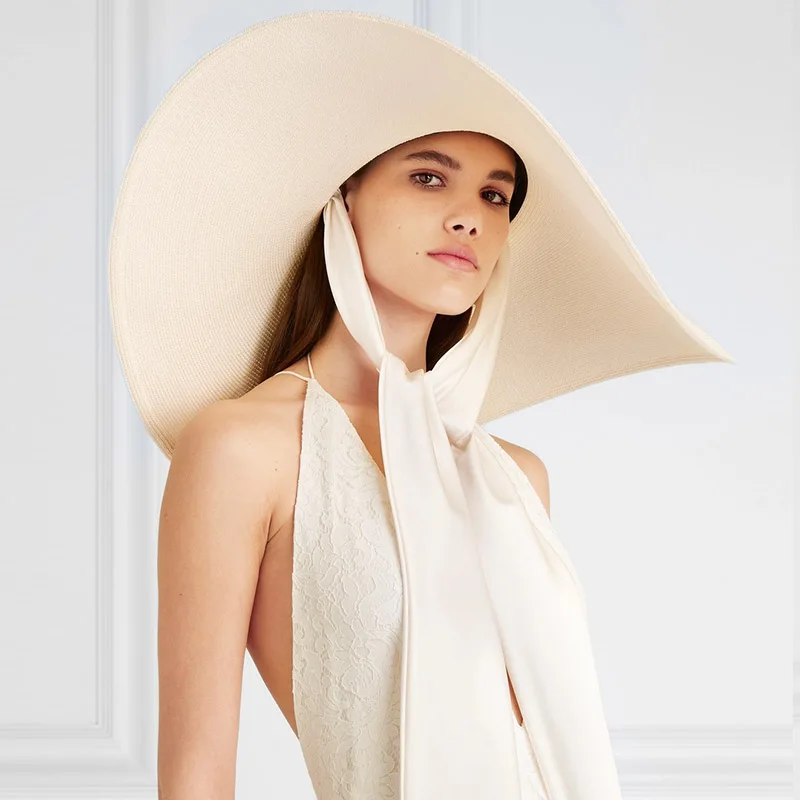 Women White 25cm OVERSIZED Sun Hat Soft Silk Ribbon Tie Wide Brim Floppy Hat Giant Beach Straw Hat Summer Kuntucky Derby Hat Cap