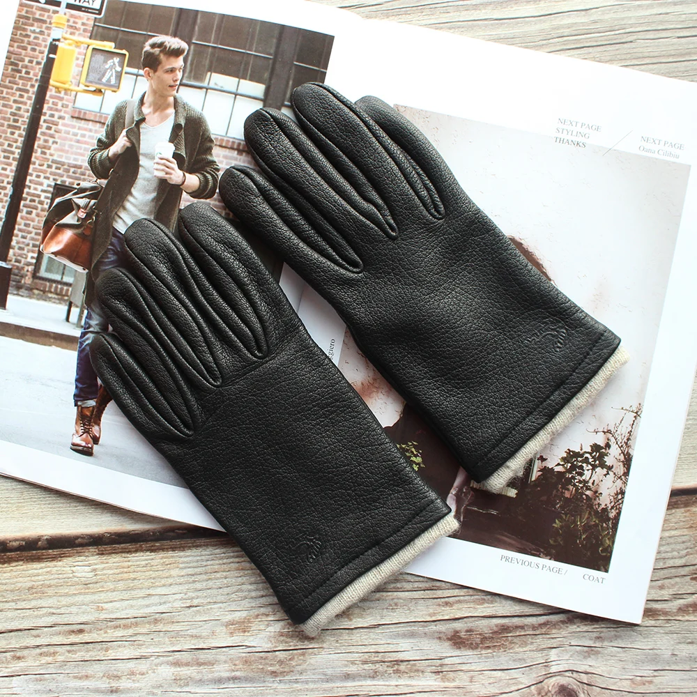 New men's deerskin gloves leather fashion bow-shaped retro autumn and winter driving and riding motorcycle warm gloves