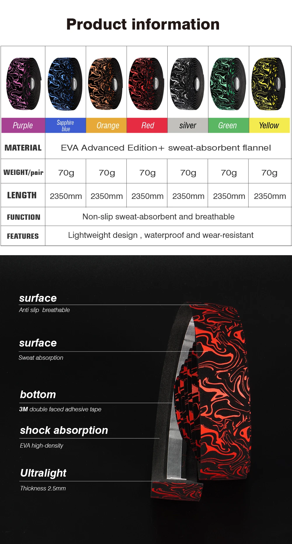 Chooee Bicycle Handle Bar Tape Shock Absorber 2350mm Cycling Road Bike Handlebar Tape Wrap HT990