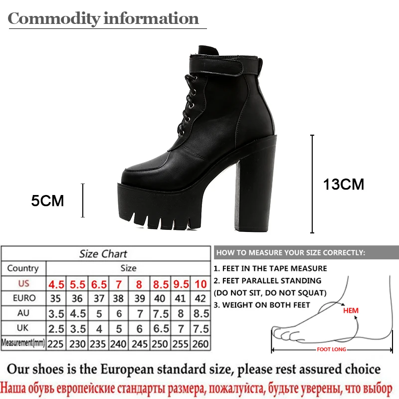 Gdgydh Women Platform Boots Adjustable Buckle Lace up Black Lug Sole Ankle Boots Block Heels Leather Nightclub Comfort