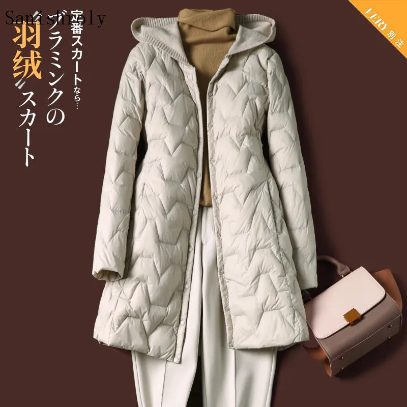 Sanishroly Autumn Winter Women Light White Duck Down Coat Parka Ladies A Line Midi Long Knitted Hooded Patchwork Jacket Outwears