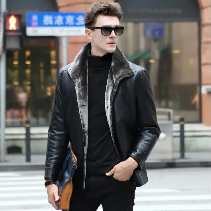 Plus New Size Korean Slim Fashion Men's Business Casual Leather jacket Men Winter Warm stand collar Outwear Mens Fur Coats M-5XL