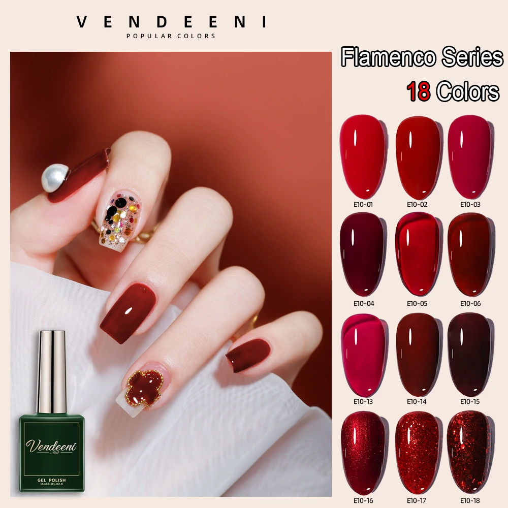 Vendeeni 18 Colors Flamenco Series Gel Nail Polish Semi Permanent UV Soak Off Red Gel Varnish Nail Art Gel Lacquer Polish 15ml