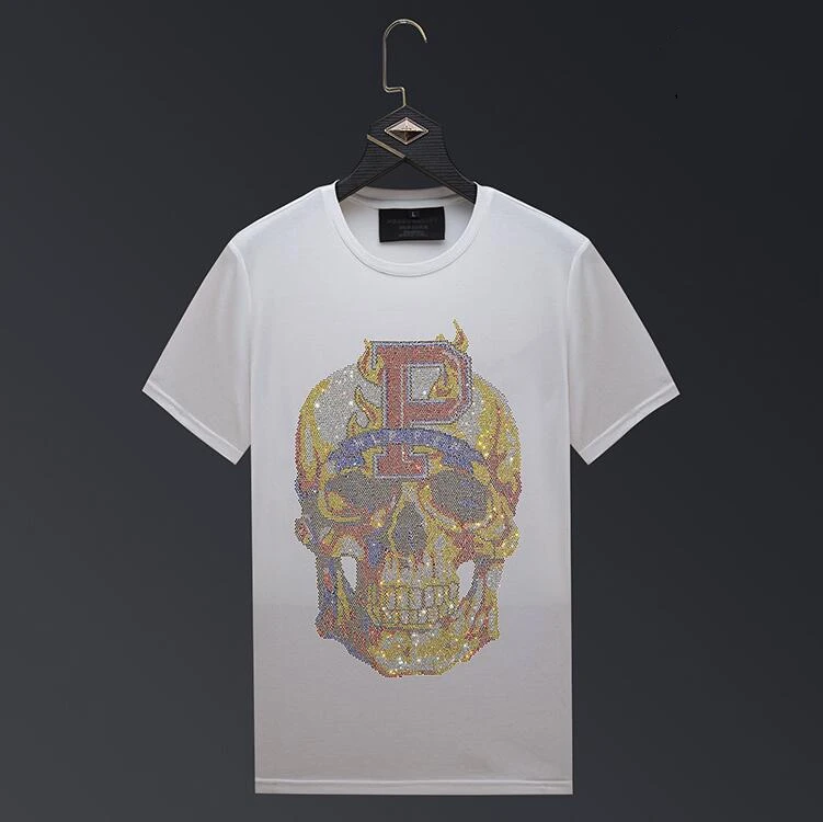 S-6XL Streetwear Men Diamonds Summer Mens Rhinestones  Skull T Shirt Male  Fashion Tees Casual  anime Tops