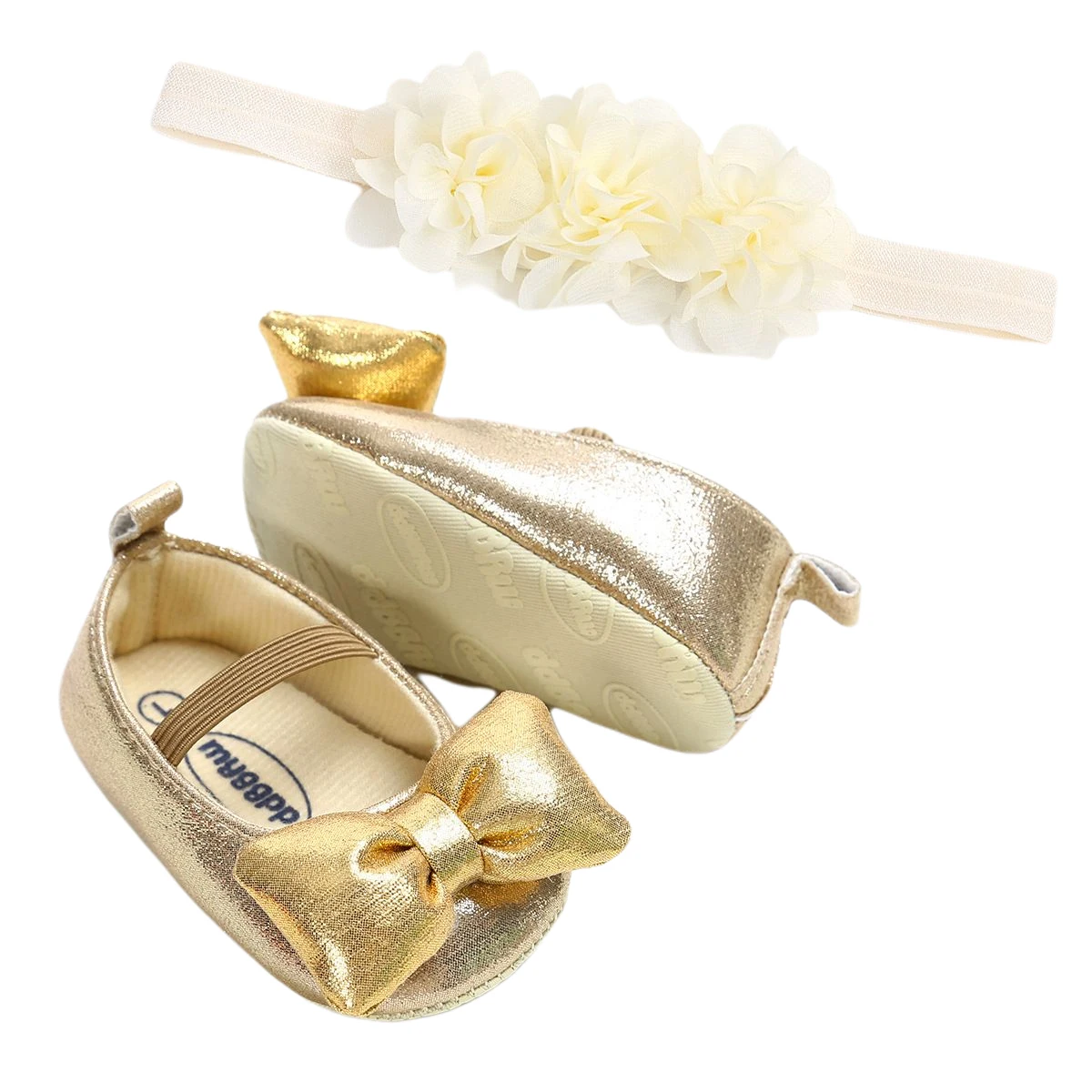 2020新幼児ベビー靴とヘッドバンド子供アンチスリップpuレザー靴 + ソリッドカラーの花帽子ベビー2個服セット