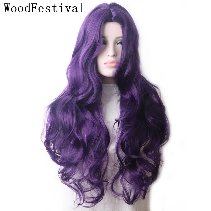 WoodFestival Wavy Purple Synthetic Wig Long Hair Colored Cosplay Wigs For Women Female Grey Green Pink Red Dark Brown Black Blue