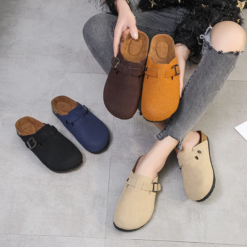 2024 Spring Fashion Men Beach Cork Slippers Couple Solid Color Non-Slip Outside Nubuck Leather Flats Slide Lovers Shoes Eu 35-44