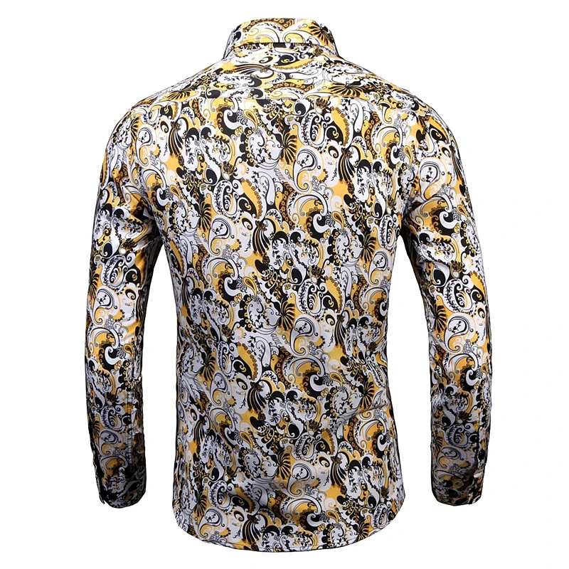 Vintage Yellow Floral Print Mens Shirts Luxury Paisley Slim Fit Long Sleeve Chemise Homme Streetwear For Men Dress Shirt 6XL 7XL