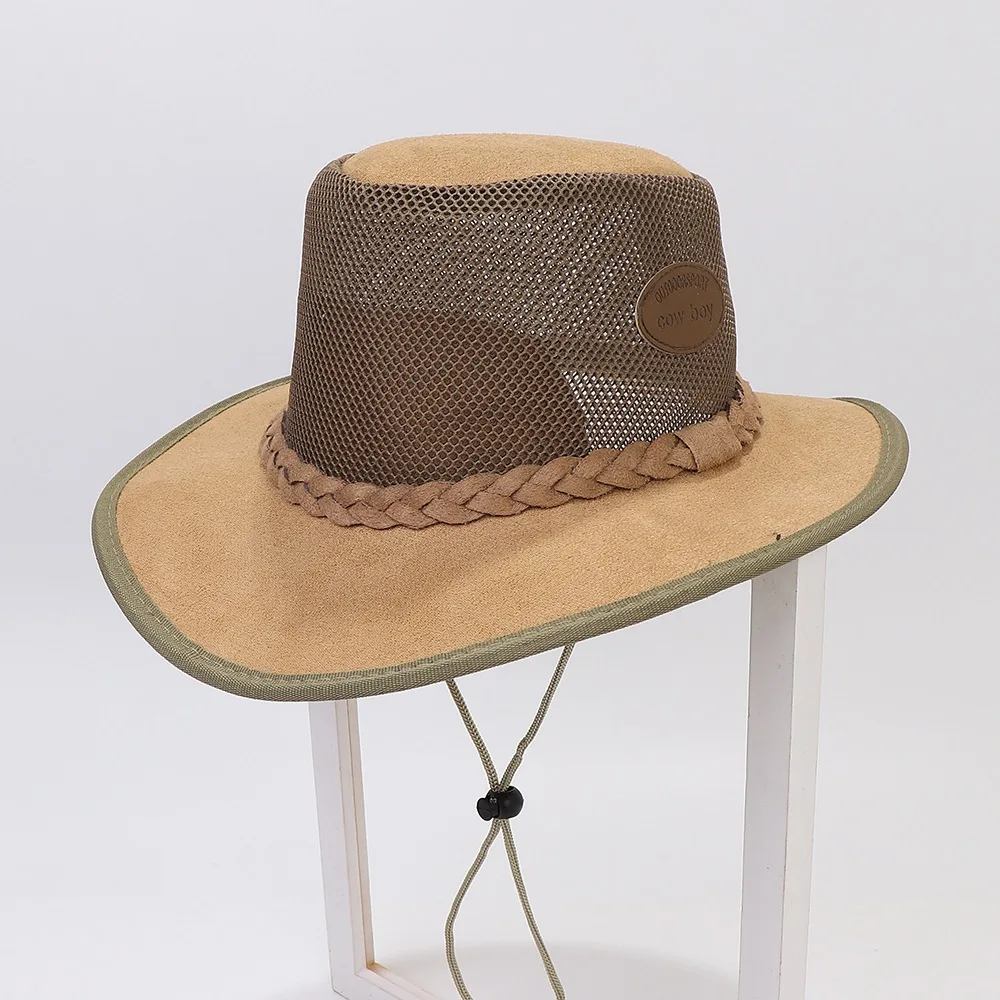 Summer Man Cowboy Hats Casual Style Suede Breathable Mesh Labeling Decoration Large Brim Sunshade Outdoor Travel Cool Caps