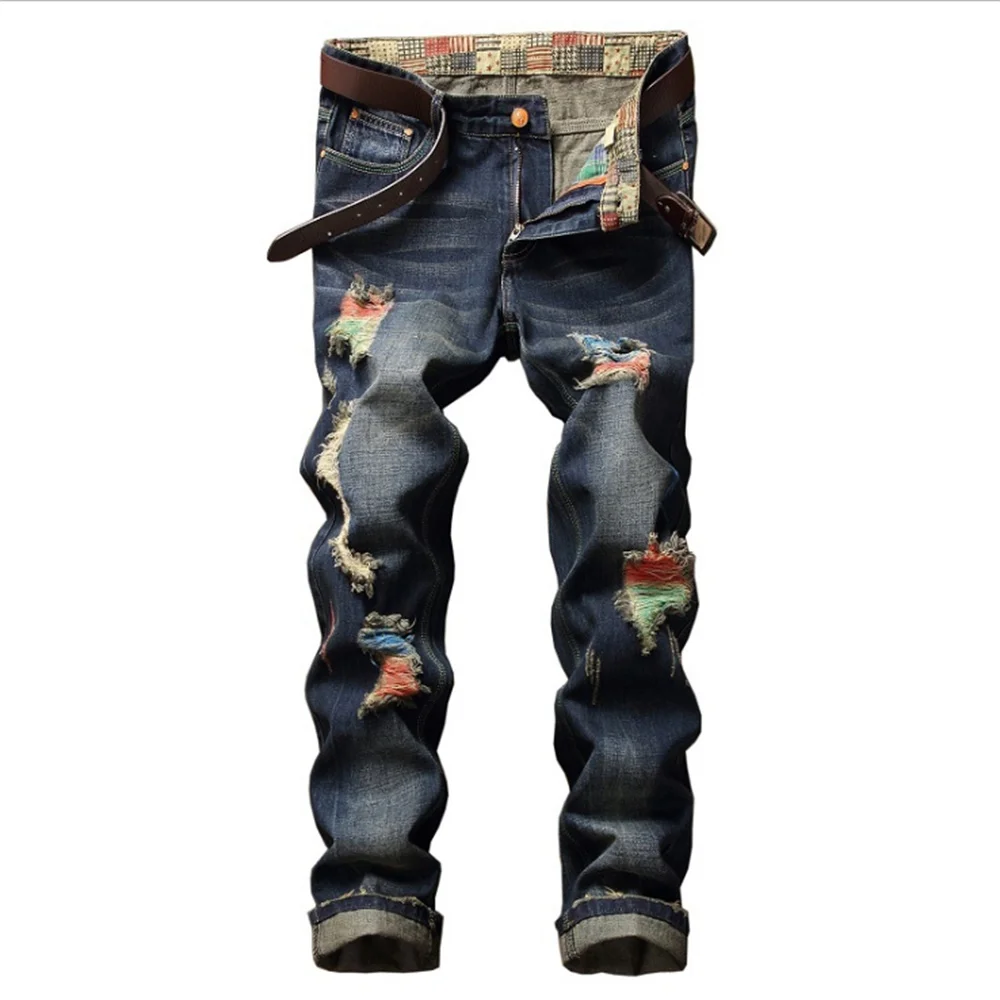 EH·MD® Rainbow Color Scratched Jeans Men's Ripped Embroidered Geometric Shape Straight Cotton Soft Stretch Slim Blue Pants 2021