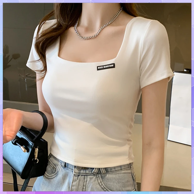 Women Solid Crop Top Short Sleeves Square Neck ullover Vintage T-shirts Summer  Casual Basic T Shirt Korean Sexy Tee Shirts