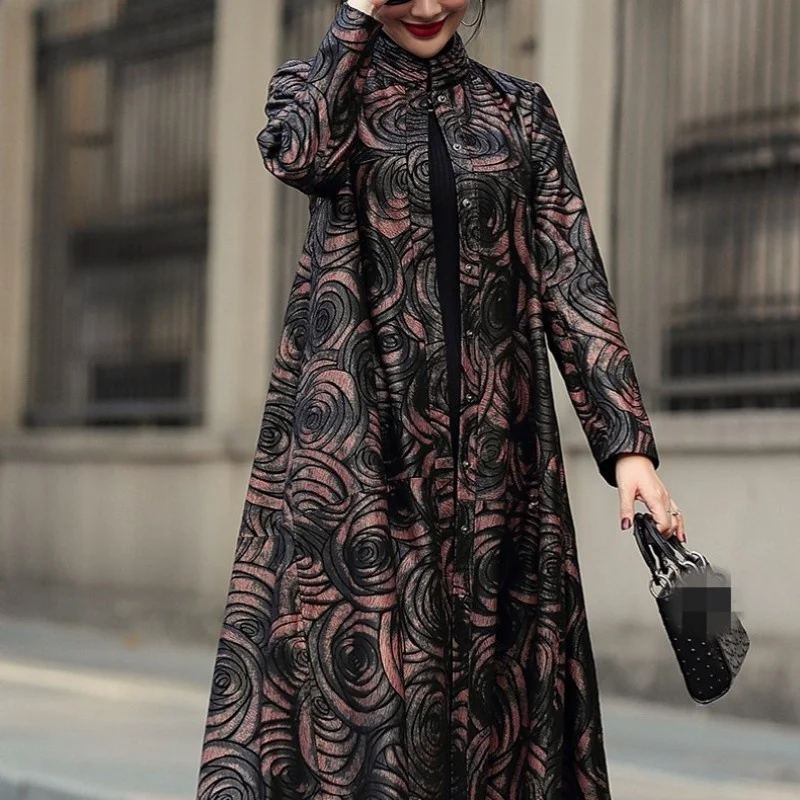 Elegant Women Printing Sheepskin Trench Coat Streetwear Chinese Style Loose Natural Leather Overcoat Office Lady Long Jacket