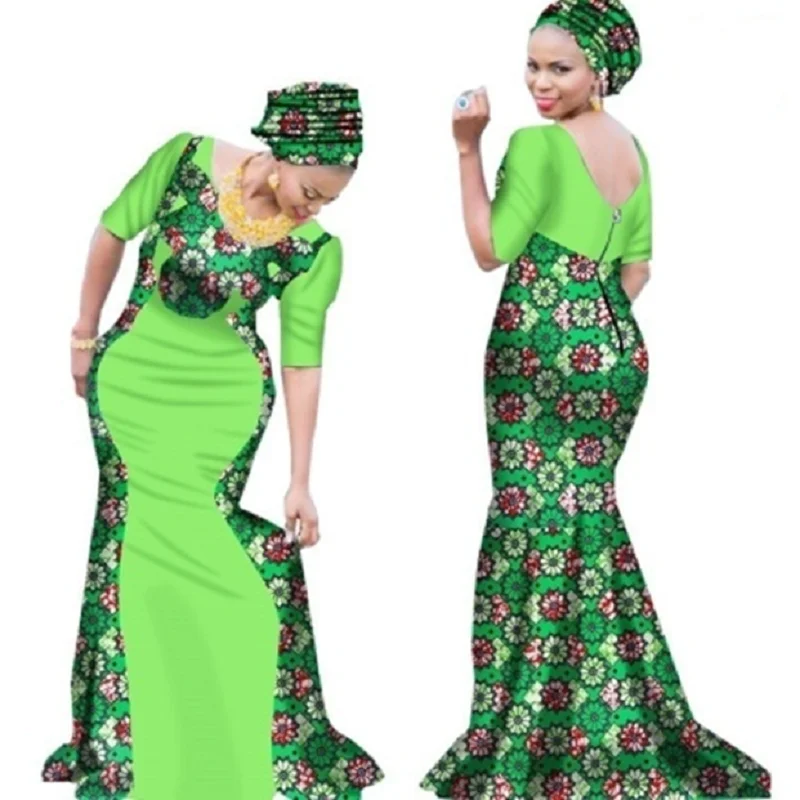 

M Size In Stock Women African Dress with Headscarf Bazin Riche African Clothes for Women Long Dashiki Dress WY1645-XH