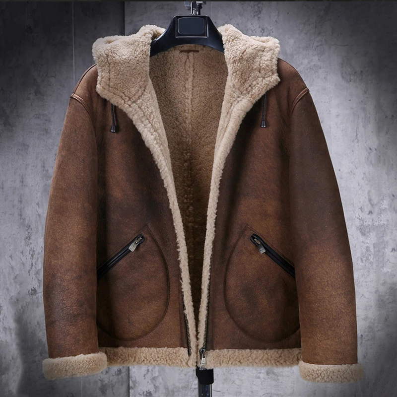 New Mens Brown Shearling Coat B3 Bomber Jacket Short Fur Coat Hooded Motorcycle Jacket Sheepskin Coat