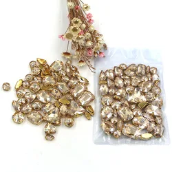 50pcs/bag Clothing accessories mixed shape Champagne glass crystal sewing rhinestones with gold base for dress/garment/shoes