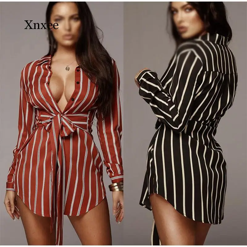 Women's Shirt 2020 Female Shirts Striped Long Sleeve Mini Dresses Up and Down Clothes Women Dress Gentlewoman Autumn Lace Up