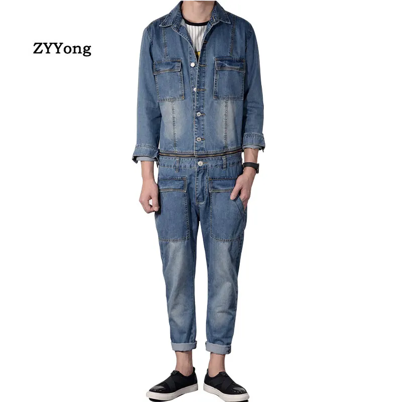 Overalls Men\'s Denim Jumpsuit Blue Lapel Long-Sleeved Jacket Hip-Hop Streetwear Waist Detachable Jeans Pants Casual Trousers