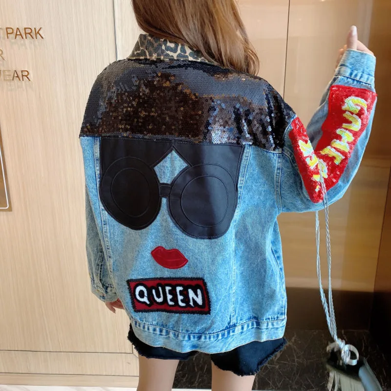 Heavy Industry Denim Coat Women 2023 New Loose Korean BF Hip Hop Fashion Ins Hong Kong Spring And Autumn Printing