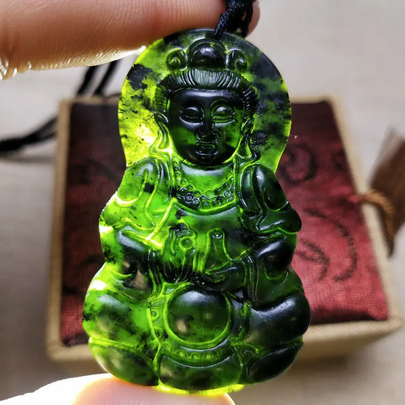 

Natural Tibetan Medicine King Graphite Green Jade Guanyin Bodhisattva Pendant Women's Safe Jade Pendant Jewelry