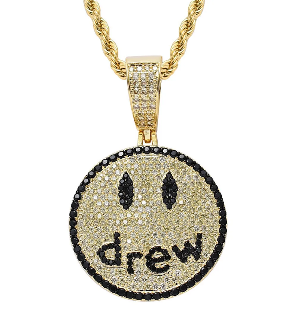 Hip-hop Trend Drew Smile Face Pendant Necklace High Quality Micro Inlaid Zircon Street Personality Fashion Jewelry