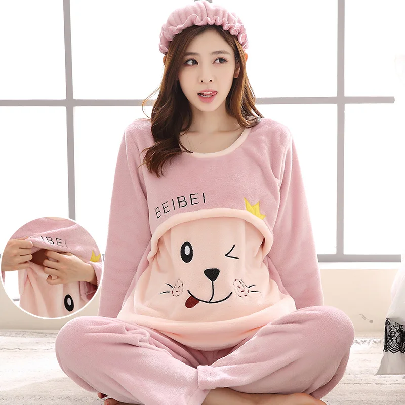 

Warm Pregnancy Flannel Feeding Pajamas Set Maternity Nursing Sleepwear Breastfeeding Winter Coral Fleece Homewear Pregnant Women