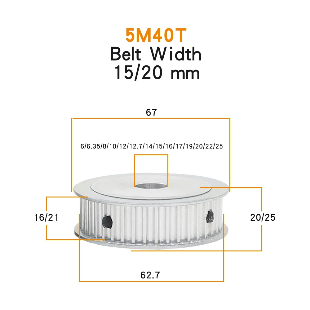 5M-40T Pulley Wheel Bore 6/6.35/8/10/12/12.7/14/15/16/17/19/20/22/25mm Alloy Belt Pulley AF Shape For Width 15/20 mm Timing Belt