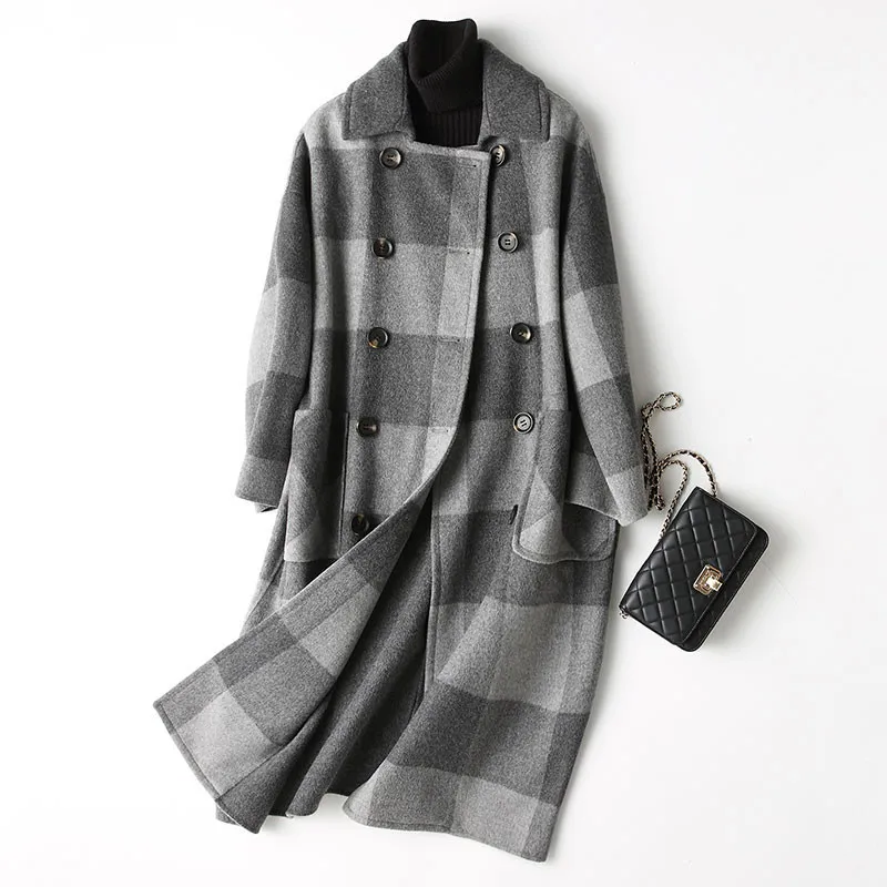 

4040 Winter Wool Coat Women England Style Plaid Wool Coat Female Autumn Long Jacket Outwear casaco feminino 37348 YQ3396