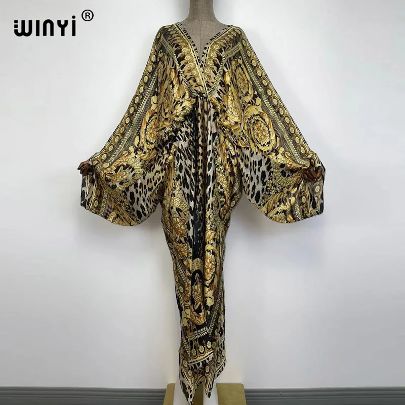 Sexy bech high-quality hand-rolled feel silk rayon fashion print 2021 WINYI Maxi women\'s robes long beach V-neck Bohemian dress