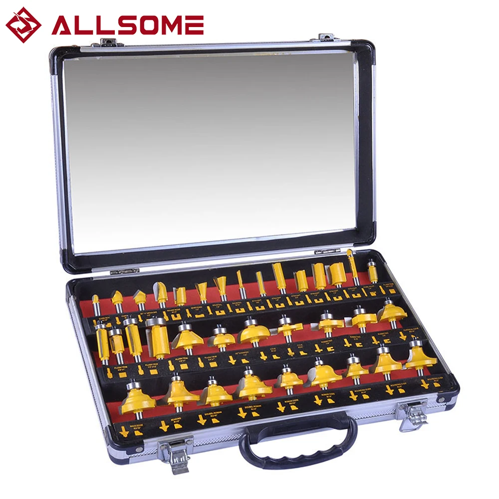 

ALLSOME 35Pcs 1/2 Inch Shank Tungsten Carbide Router Bit Woodworking Milling Cutter Tool Set With Aluminum Box Packing