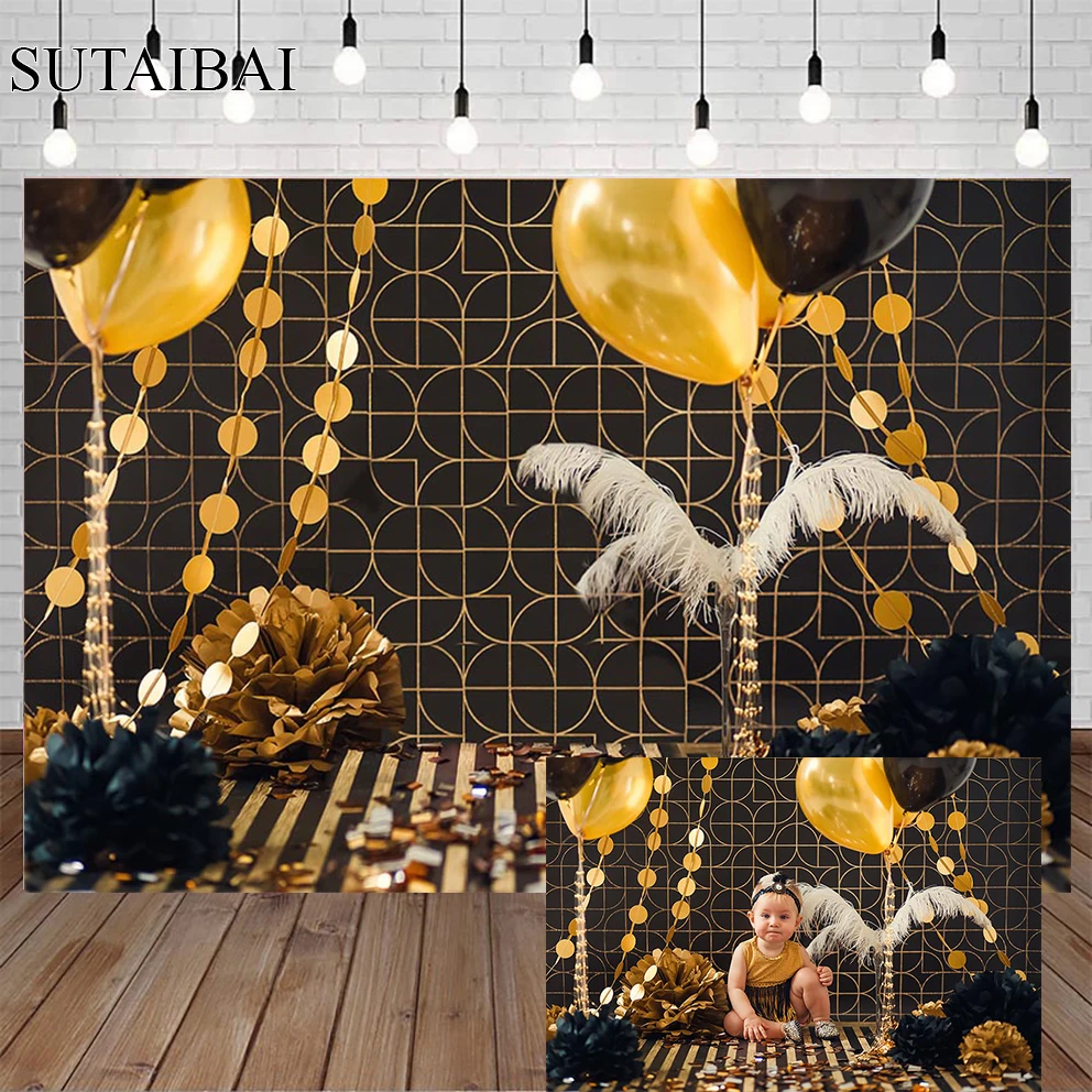 Gold Glitter Grid Brick Wall Children Birthday Photography Background Golden Balloon Decor Baby Shower Child Portrait Banner