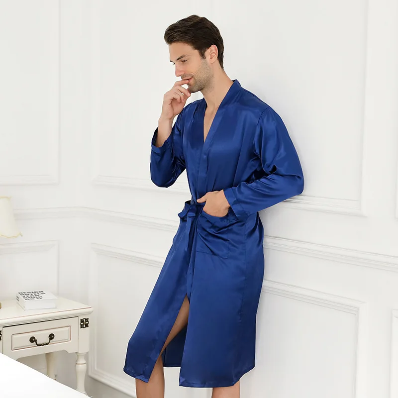 Azul chinês masculino seda rayon robe verão casual pijamas com decote em v kimono yukata roupão de banho tamanho m l xl xxl