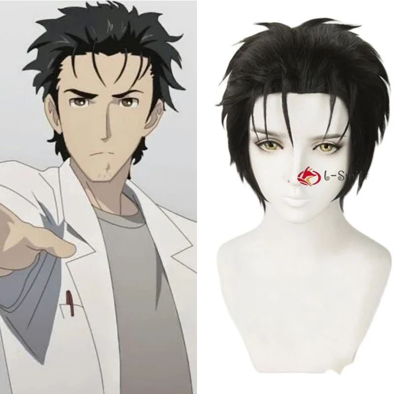 

Steins Gate 0 Okabe Rintarou Cosplay Wigs Short Black Styled Heat Resistant Synthetic Hair Wig + Wig Cap