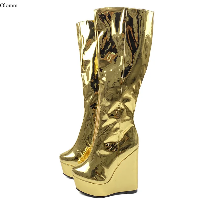 Olomm נשים בעבודת יד חורף נשים נעלי ברך עקב עגול בוהן משובב כסף יפיפיות לנו גודל 5-20