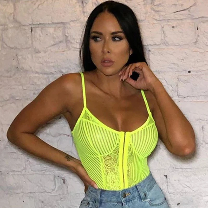 OMSJ Newest Women Neon Green Orange Stripe Lace Bodysuit One Piece Sheer Sexy Floral Embroidery Playsuit Night Out outfits Party