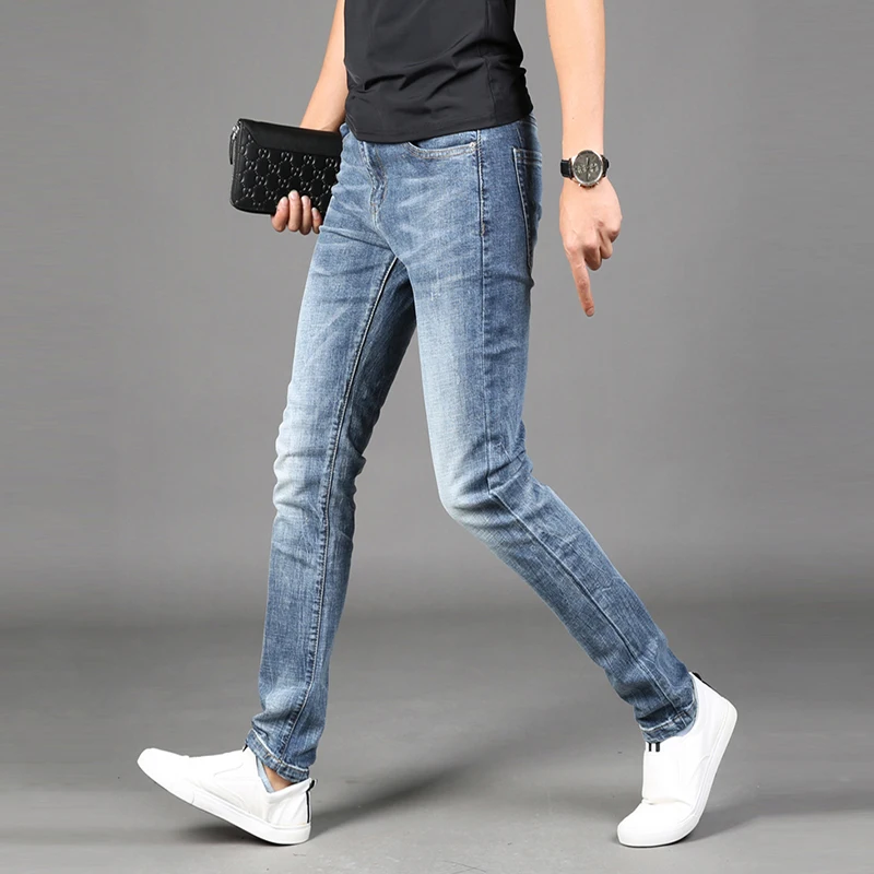 Men's Jeans Summer Blue Stretch Straight Slim Fit Pants Fashion Korean Style Thin Denim Trousers