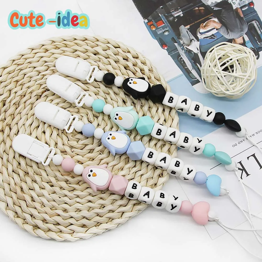 Cute-idea 1set Silicone penguin Beads Pacifier Chain  Personalized Name Baby Teething Chain boy girl Baby Toys Nursing Products