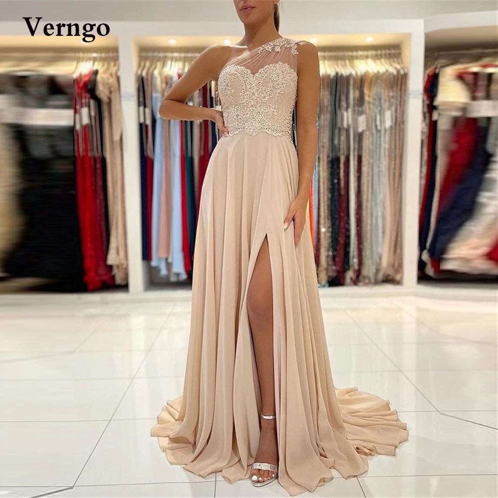 

Verngo Beige Chiffon A Line Prom Dresses One Shoulder Lace Applique Side Slit Evening Gowns Bridemaid Mother Of Bride Dress