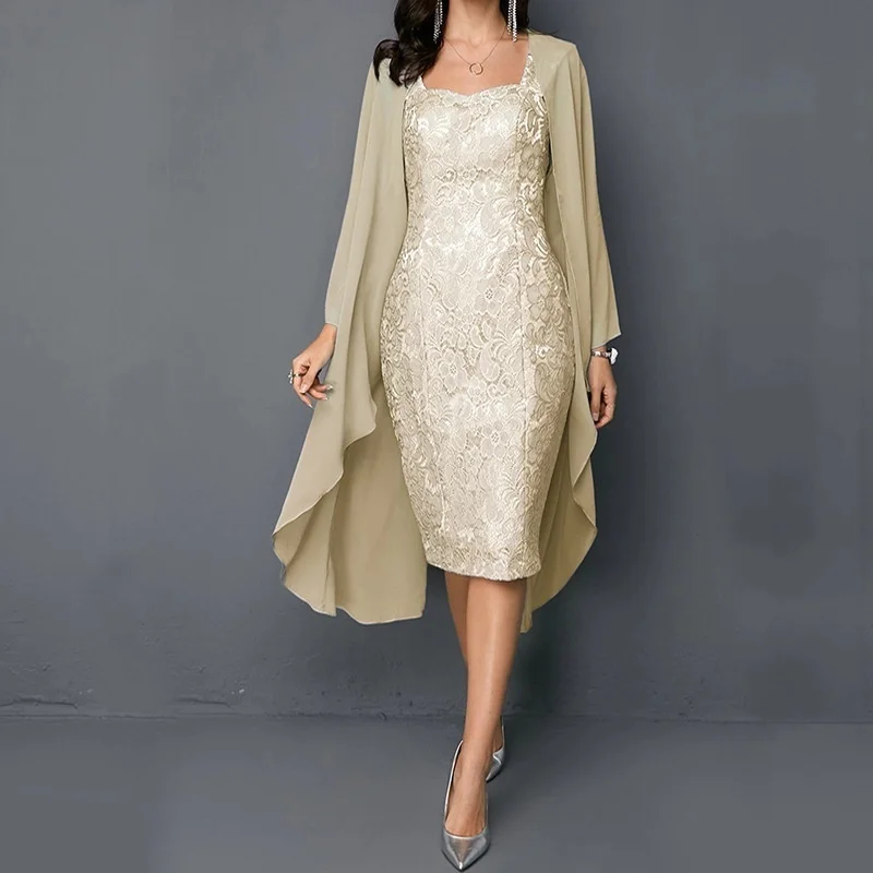 Vestidos de encaje de gasa para madre de la novia, chaqueta plateada, Vestido corto de fiesta de noche de boda, vestido Formal de invitados de talla grande para mujer