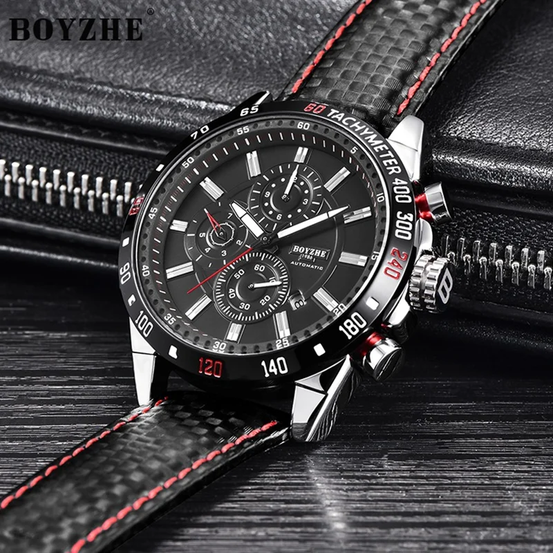 BOYZHE Business Men Mechanical Watch Automatic Week Month Calendar Display Luminous Waterproof Sport Wrist Watches for Men reloj