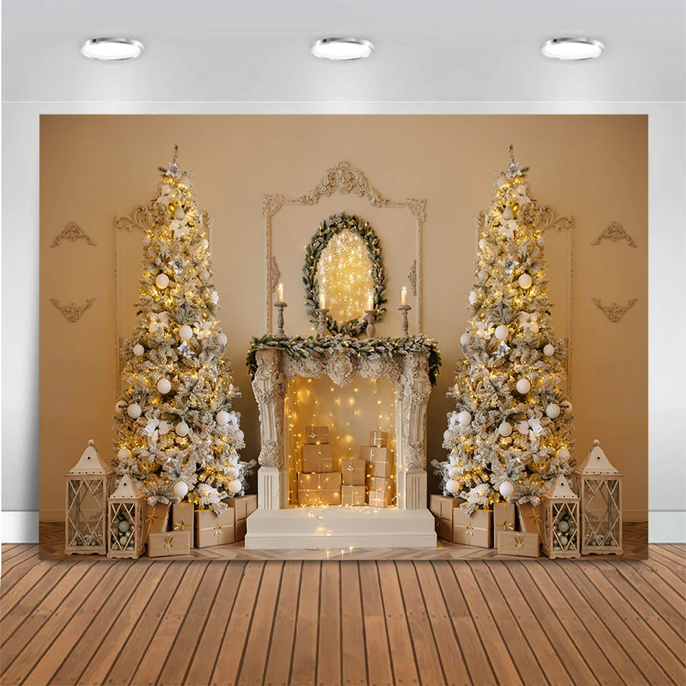 عيد الميلاد خلفية الاطفال صور الذهب الموقد ديكور الهدايا بريق الأشجار راية شمعة الدعائم الطفل الطفل فوتوستوديو خلفية