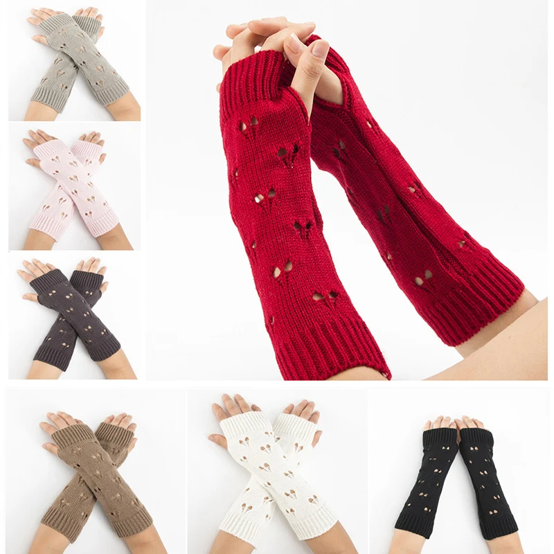 Winter Women Long Warm Sleeves Mittens Female Heart Acrylic Stretch Knit Half Finger Fingerless Arm Warmers Gloves C78