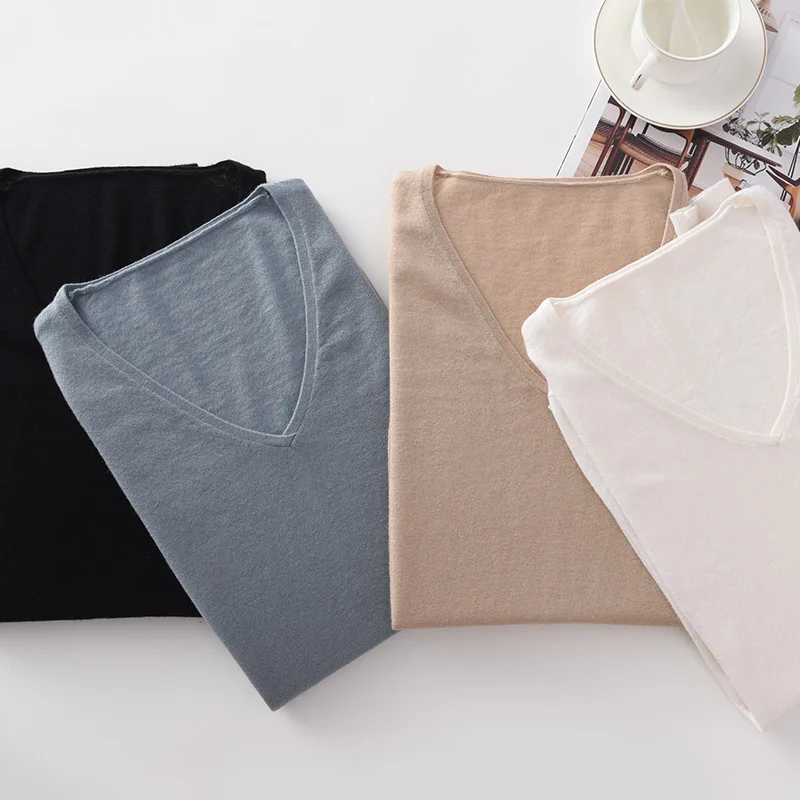 Spring Autumn Women V-Neck Pullover 100% Worsted Wool Cashmere Knit Sweaters Cashmere Skin Friendly Tops Soft Comfortable Thin S