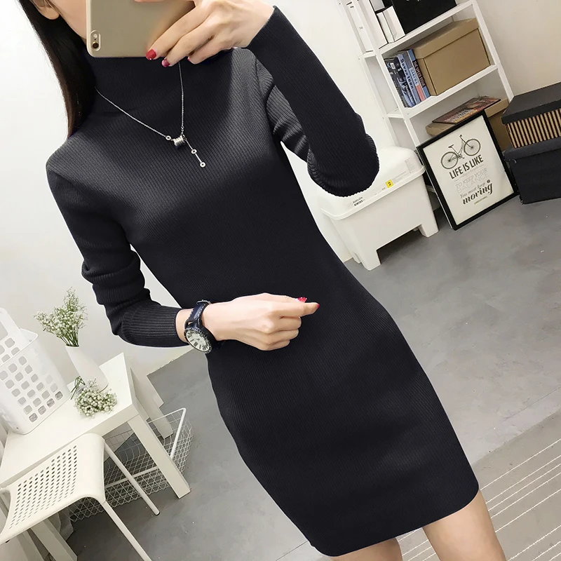 2024 Spring Autumn New Women Slim Turtleneck Sweater Dress Warm padded Ladies Knit Pullovers Sexy stretch Female Long Sweaters