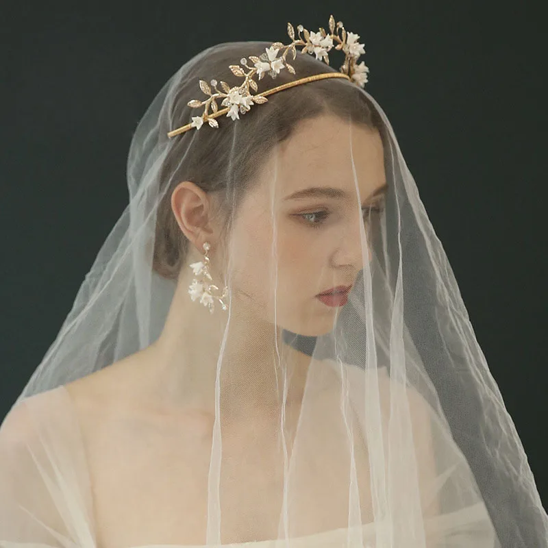 

Floralbride Golden Alloy Crystal Rhinestones Ceramic Flower Wedding Tiara Earring Set Bridal Princess Party Crown Women Jewelry