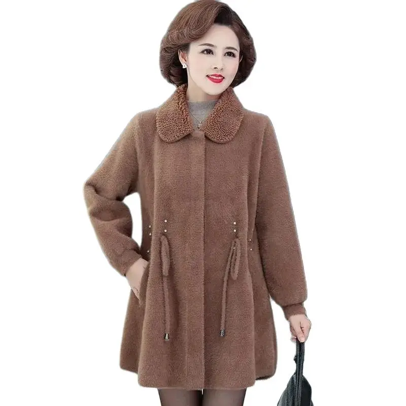 Women's Spring Autumn And Winter Clothes Long Mink Coat Middle-Aged Mother's Warm And Thick Woolen Coat Shirring Coat Female