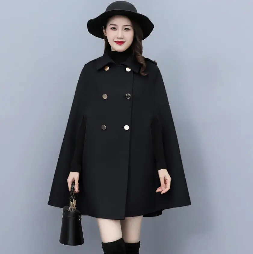 Women Woolen Cloak Jackets Fashion Capes Coat Ladies Autumn Winter Mid-length Double Breasted Loose Poncho Outwear s1759