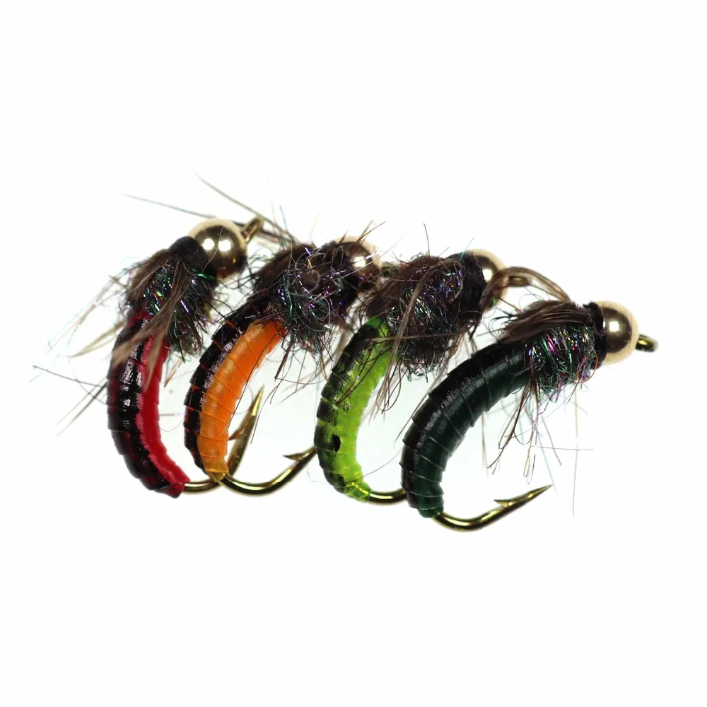 Bimoo 8pcs #12 #14 Brass Bead Head Fast Sinking Nymph Scud Fly Bug Worm Trout Fishing Flies Artificial Insect Fishing Bait Lures