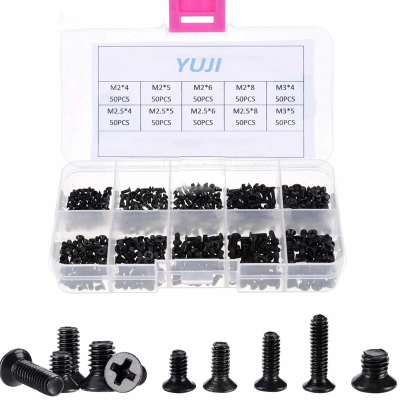 Screws Set M2 M2.5 M3 Phillips Cross Flat Countersunk Head Mini KM2 M3 Black Screw Set Notebook Electronic Computer 250pc 500pc