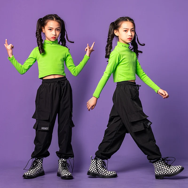 Kids Hip Hop Dancing Clothing Crop Top Long Sleeve Shirt Top Tactical Cargo Pants for Girls Jazz Dance Wear Costume Clothes